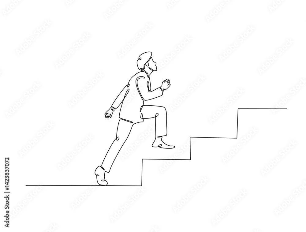 Obraz premium Continuous one line drawing of success business man walk on stair. Business concept growth and the progress to success illustration. Editable vector.