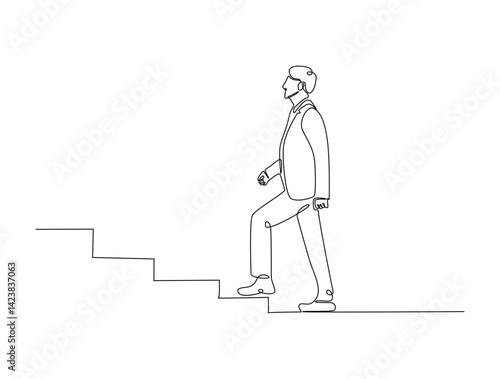 Continuous one line drawing of success business man walk on stair.  Business concept growth and the progress to success illustration. Editable vector.