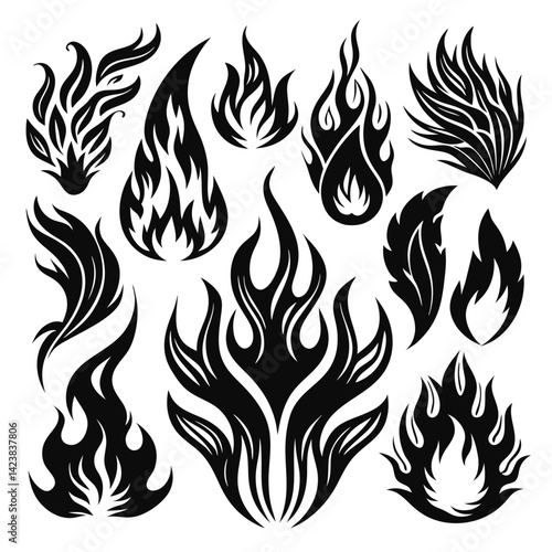 Set of fire flame vector icons. Collection of fire and flame icons. Bonfire icons, flaming elements.