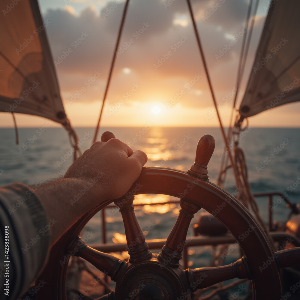 person steering sailboat at sunset, with warm glow reflecting on water, creating serene and adventurous atmosphere