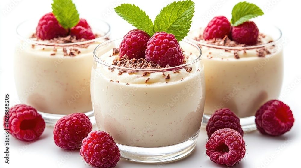 Elegant Belgian white chocolate mousse with raspberries on an absolutely white background. Elegant Belgian white chocolate mousse with raspberries on an absolutely white background.