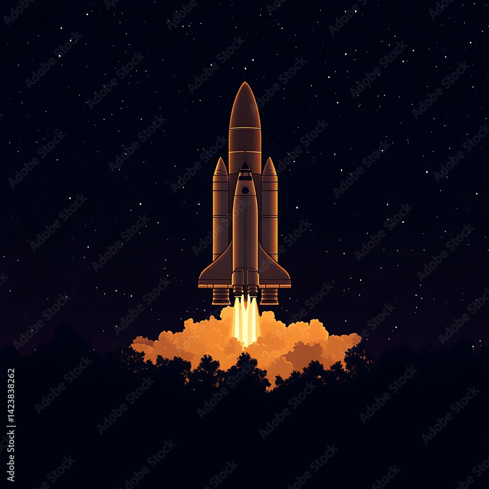 Fototapeta premium Rocket launch into starry night sky over forest