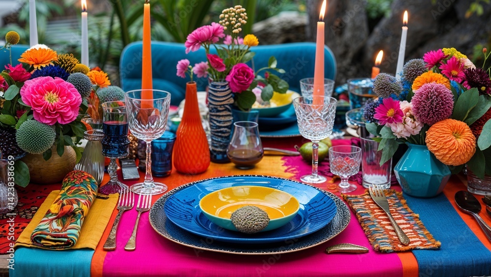 Eclectic table settings with vibrant color and unique textures Eclectic table settings with vibrant color and unique textures