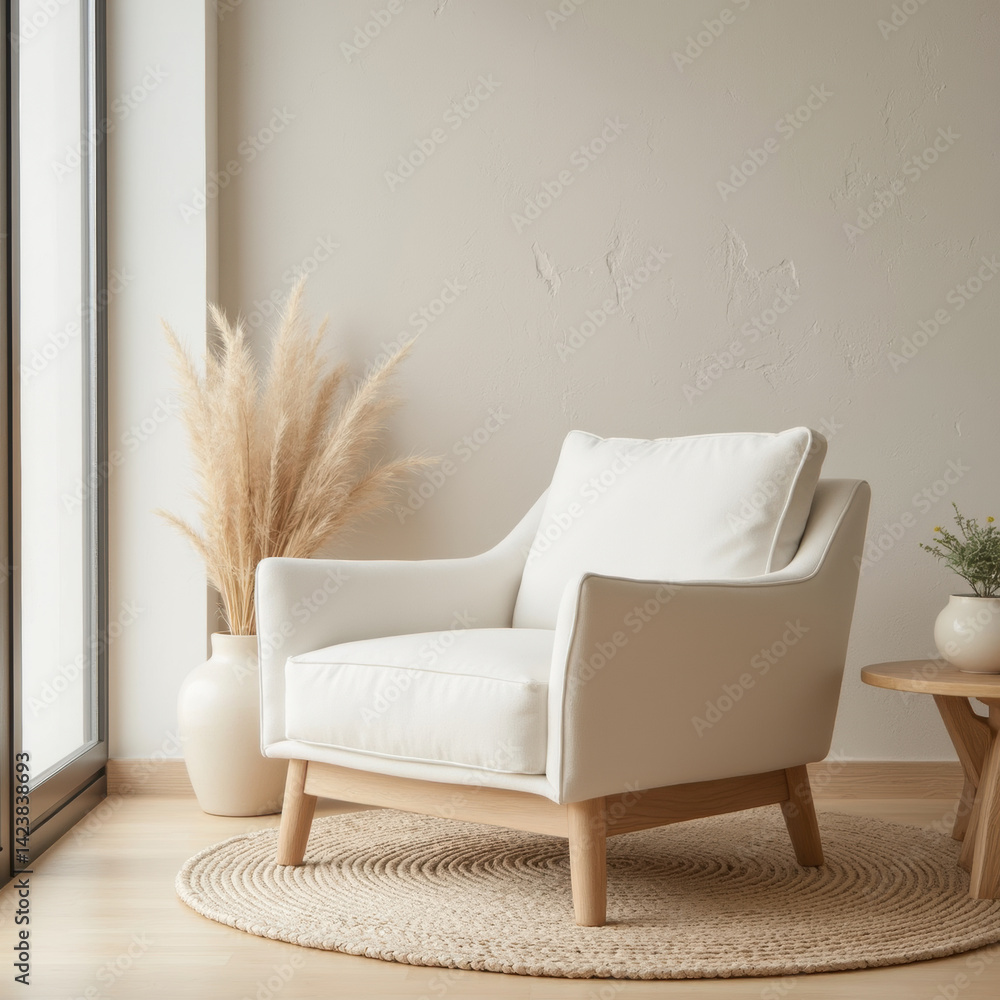 cozy white armchair sits elegantly in bright room, complemented by soft decor and natural elements, creating serene atmosphere