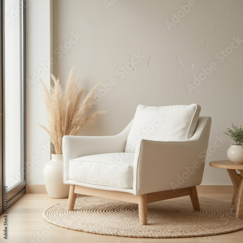 Obraz na płótnie cozy white armchair sits elegantly in bright room, complemented by soft decor and natural elements, creating serene atmosphere w salonie