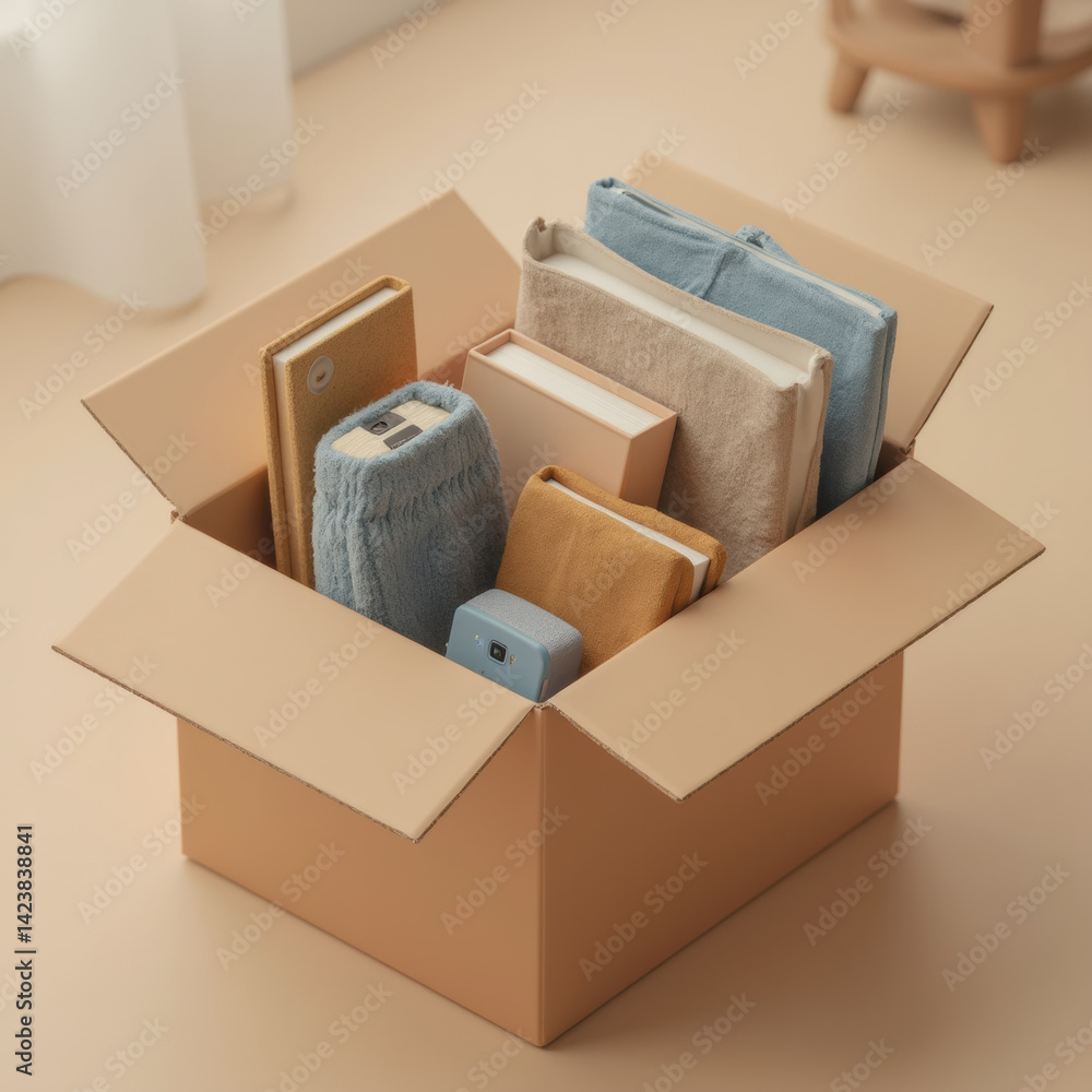 neatly packed cardboard box contains various items, including towels, books, and phone, creating cozy and organized atmosphere
