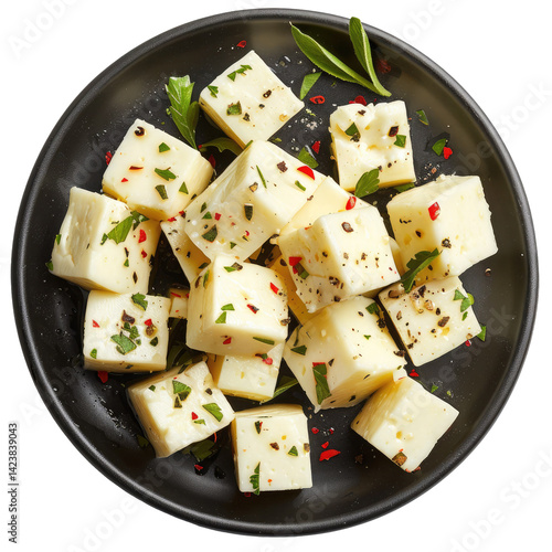 traditional national indian food cubes of paneer cheese seasoned with spices on black plate isolated on transparent png background