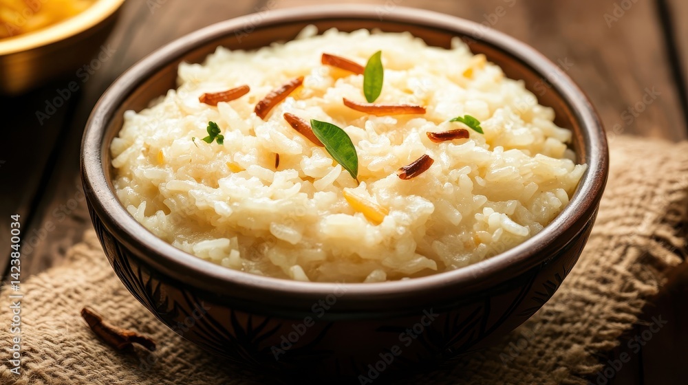 Delicious rice porridge garnished with herbs inside a wooden bowl Delicious rice porridge garnished with herbs inside a wooden bowl