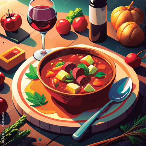 Hearty vegetable soup with wine.