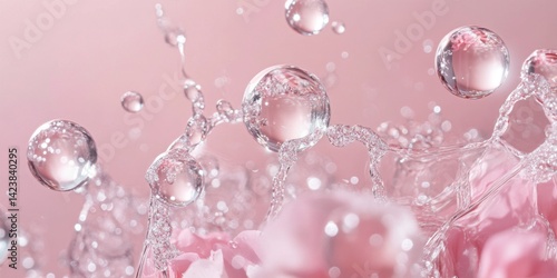 Beautiful bubbles and pink roses create a serene moment. This image captures water splashing elegantly. Ideal for floral themes and romantic concepts. Perfect for design projects. AI