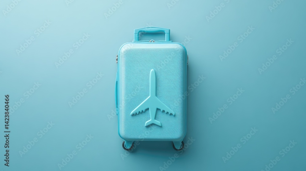 Light blue suitcase with airplane icon graphic overlay on solid-colored background Light blue suitcase with airplane icon graphic overlay on solid-colored background
