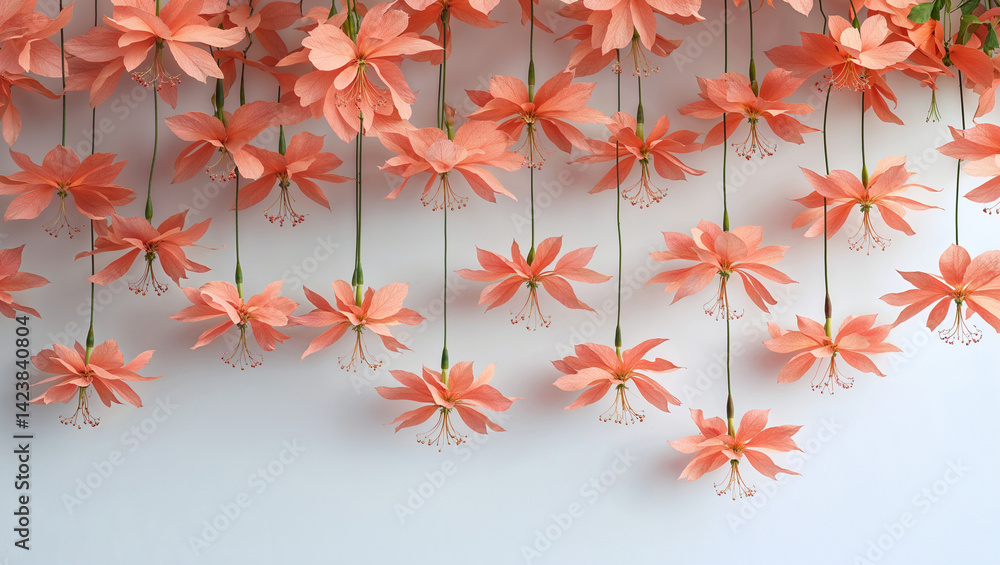 Delicate Peach Flowers Hanging Down On White Background Aesthetic Floral Composition Delicate Peach Flowers Hanging Down On White Background Aesthetic Floral Composition