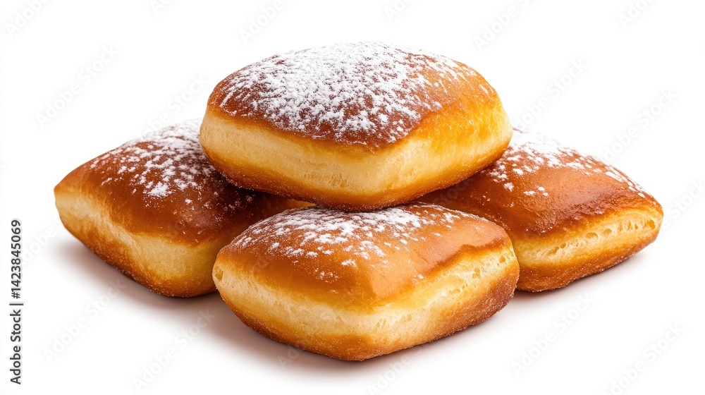 Freshly baked New Orleans-style beignets dusted with powdered sugar on an absolutely white background. Freshly baked New Orleans-style beignets dusted with powdered sugar on an absolutely white background.