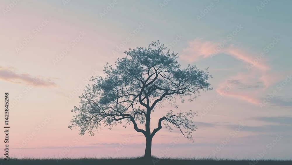 Obraz premium A Lone Tree Stands Tall Against a Pastel-Colored Sky During a Serene and Peaceful Sunset