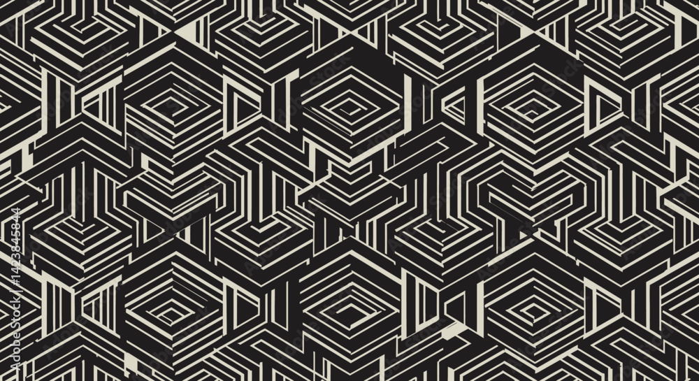 Abstract black and beige geometric pattern Repeating shapes and lines create a complex design Abstract black and beige geometric pattern Repeating shapes and lines create a complex design