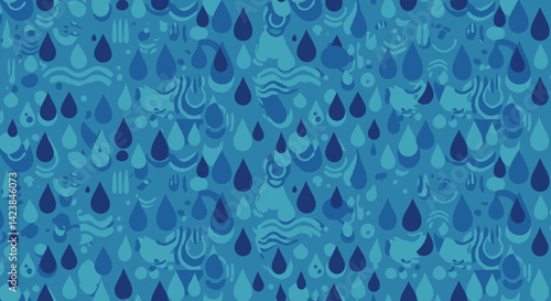 Blue abstract patterned background with raindrops and other watery motifs