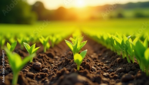 Rows of tender wheat seedlings unfurl, sunlit , nature, young