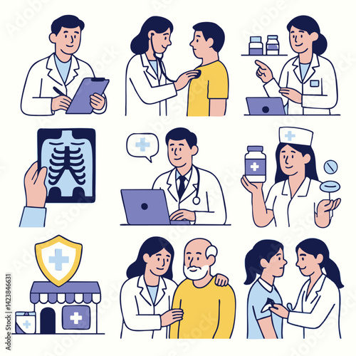 collection of medical professionals interacting with patients and technology