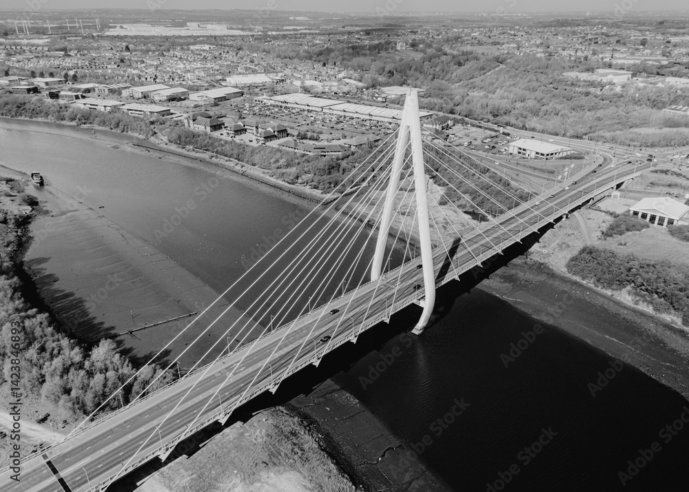 Fototapeta premium Sunderland UK: 12th April 2025: Sunderland Northern Spire Bridge close-up aerial view