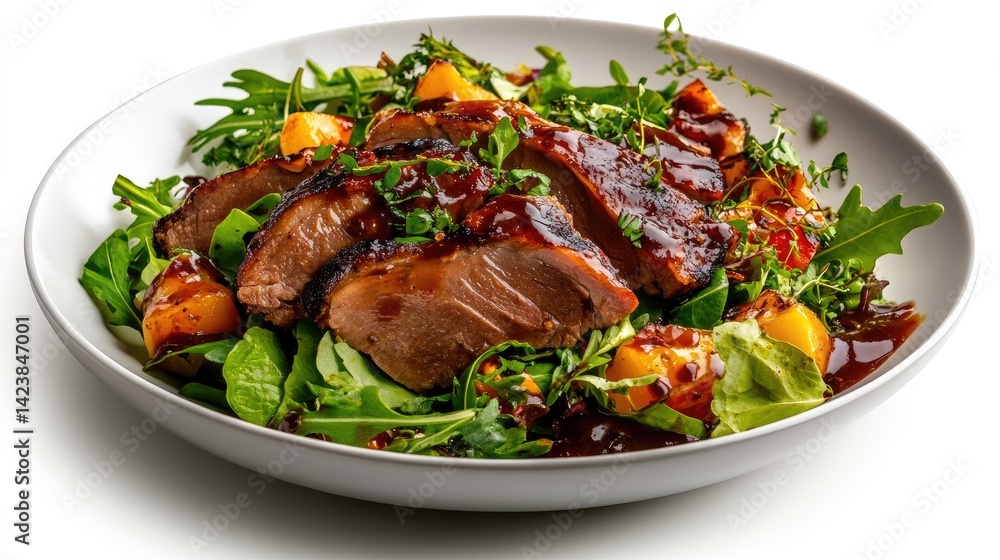 Gourmet duck confit salad with frisée and vinaigrette on an absolutely white background. Gourmet duck confit salad with frisée and vinaigrette on an absolutely white background.