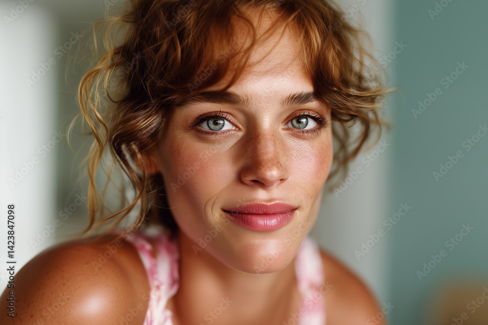 Naklejka premium Brunette woman with blue eyes and a fringe bangs and a tank top summer sunny fitness healthy lifestyle and freckles