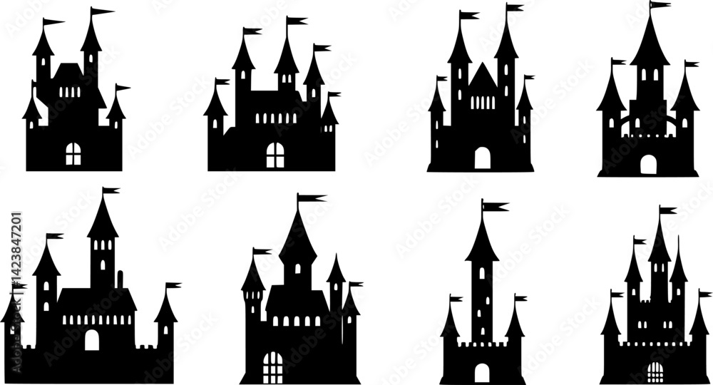 Obraz premium Silhouettes of various castle designs set against a plain background, showcasing classic architectural elements and tower styles 