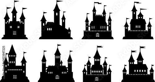 Silhouettes of various castle designs set against a plain background, showcasing classic architectural elements and tower styles
