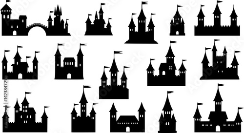 Silhouettes of various castle designs set against a plain background, showcasing classic architectural elements and tower styles
