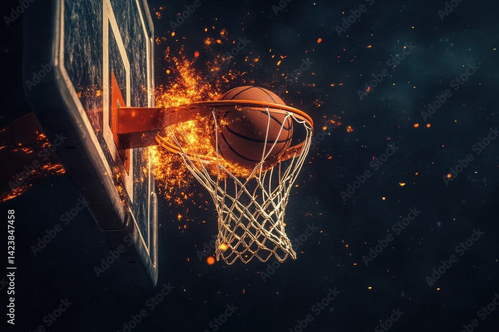Basketball ball with fire effect falling through hoop on white background Basketball ball with fire effect falling through hoop on white background
