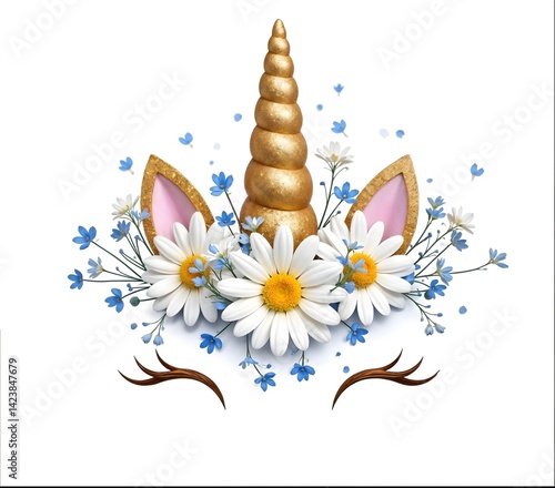 Gold Unicorn with Daisies and Blue Flowers