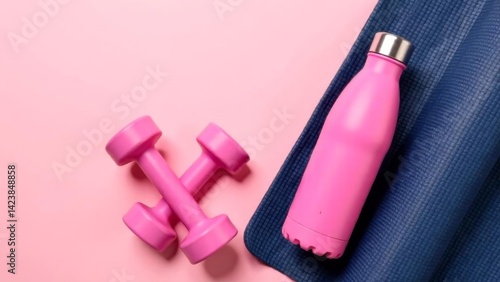 pair of pink dumbbells crossed on a pastel background next to pink water bottle and blue yoga mat, modern fitness flat lay scene, concept of health, gym, active lifestyle brands