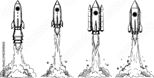 Rockets launching into space with dynamic trails and cloud effects on a clear background
