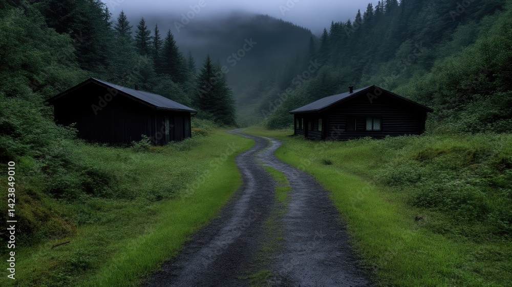 Misty mountain path winds past dark cabins Misty mountain path winds past dark cabins