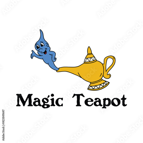 Magic teapot and genie retro cartoon illustration