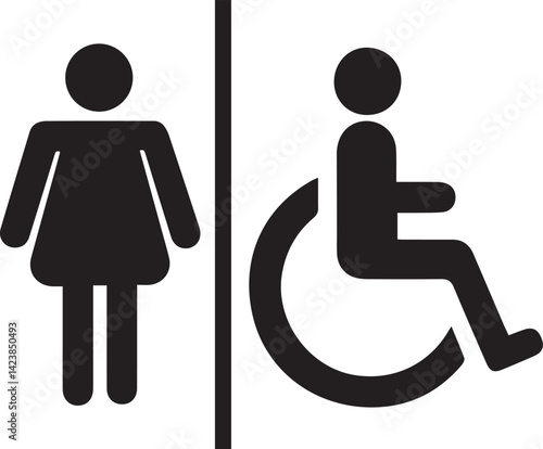 Bathroom signs, accessibility symbols, blue and white icons, minimalist design, public restroom signage, female figure, wheelchair user, gender-inclusive restroom, simple geometric shapes,