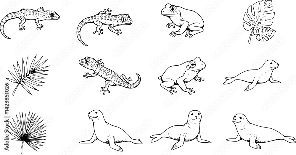 Obraz premium Stylized illustrations of various reptiles and amphibians in a minimalist design showcasing unique features and forms 