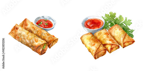egg rolls with sauce watercolor vector illustration