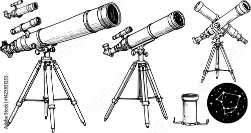 Different styles of telescopes displayed on a white background showcasing their shapes and features
