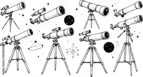 Different styles of telescopes displayed on a white background showcasing their shapes and features
