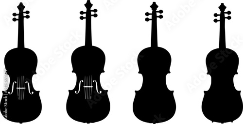 Different styles of violins displayed in black and white sketches illustrating their unique features and designs
