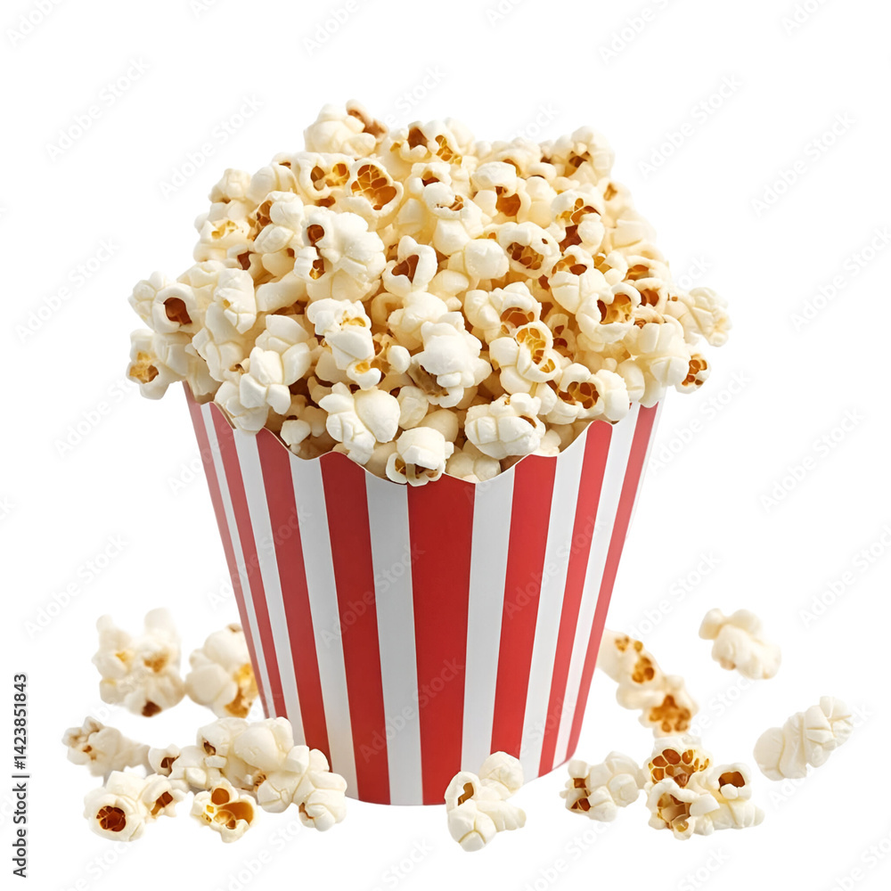 Delicious golden popcorn in classic striped container Delicious golden popcorn in classic striped container