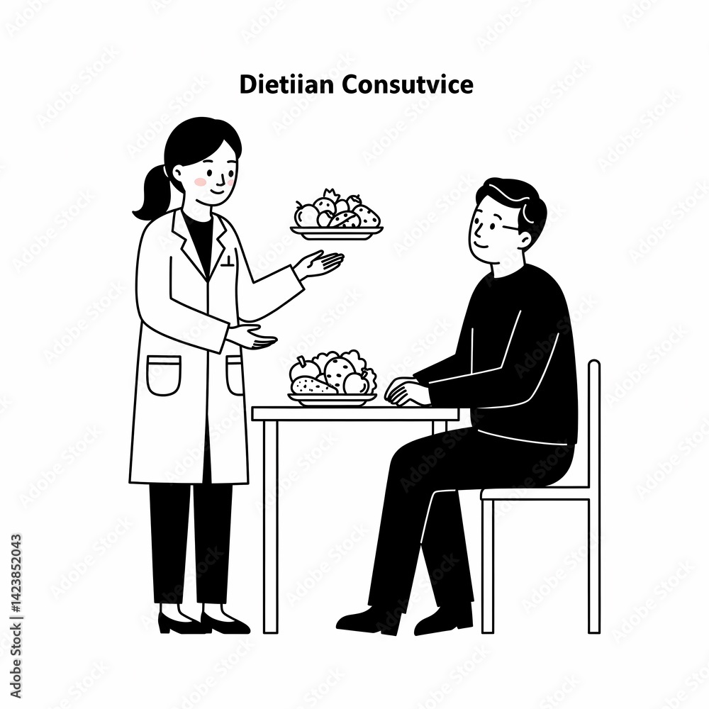 The nutritionist looked at the plate patiently and explained dietary suggestions to the client. The nutritionist looked at the plate patiently and explained dietary suggestions to the client.