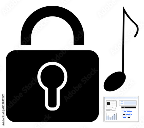 Black padlock, music note, and document interface. Ideal for cybersecurity, music rights, encryption, privacy, data safety, intellectual property simple landing page