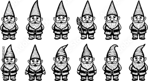 Charming collection of vector hand-drawn gnomes displaying different expressions and poses in a whimsical style
