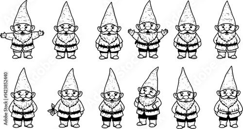 Charming collection of vector hand-drawn gnomes displaying different expressions and poses in a whimsical style
