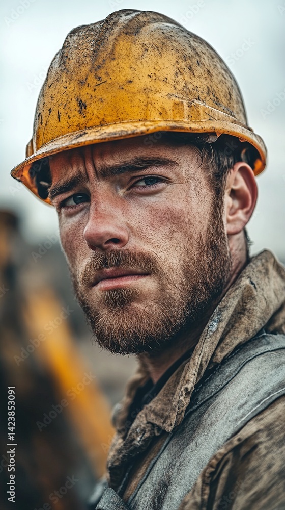 Close-up of a serious construction worker in a dirty yellow hard hat Close-up of a serious construction worker in a dirty yellow hard hat