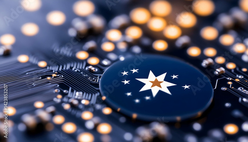 Close-up of a circuit board featuring a star emblem