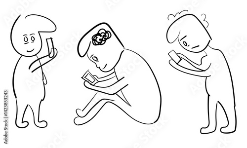 Children's Mobile Addiction Concept - Minimalist Line Art Illustration of Smartphone Overuse