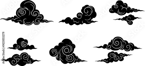 Decorative swirling cloud designs in black and white showcase artistic interpretations of movement and energy
