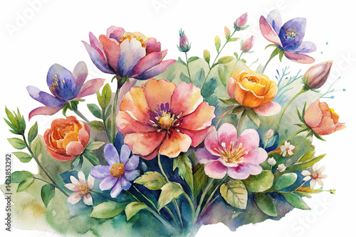 watercolor colorful wild flowers clear backround